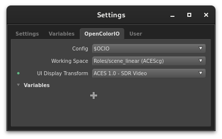 The script settings window with OCIO plugs